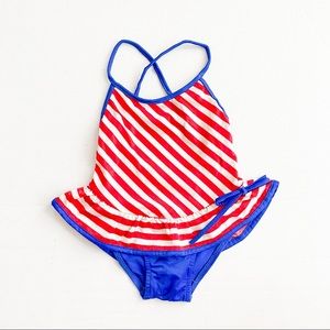 Vintage USA stripe ruffle swim suit criss cross 4t